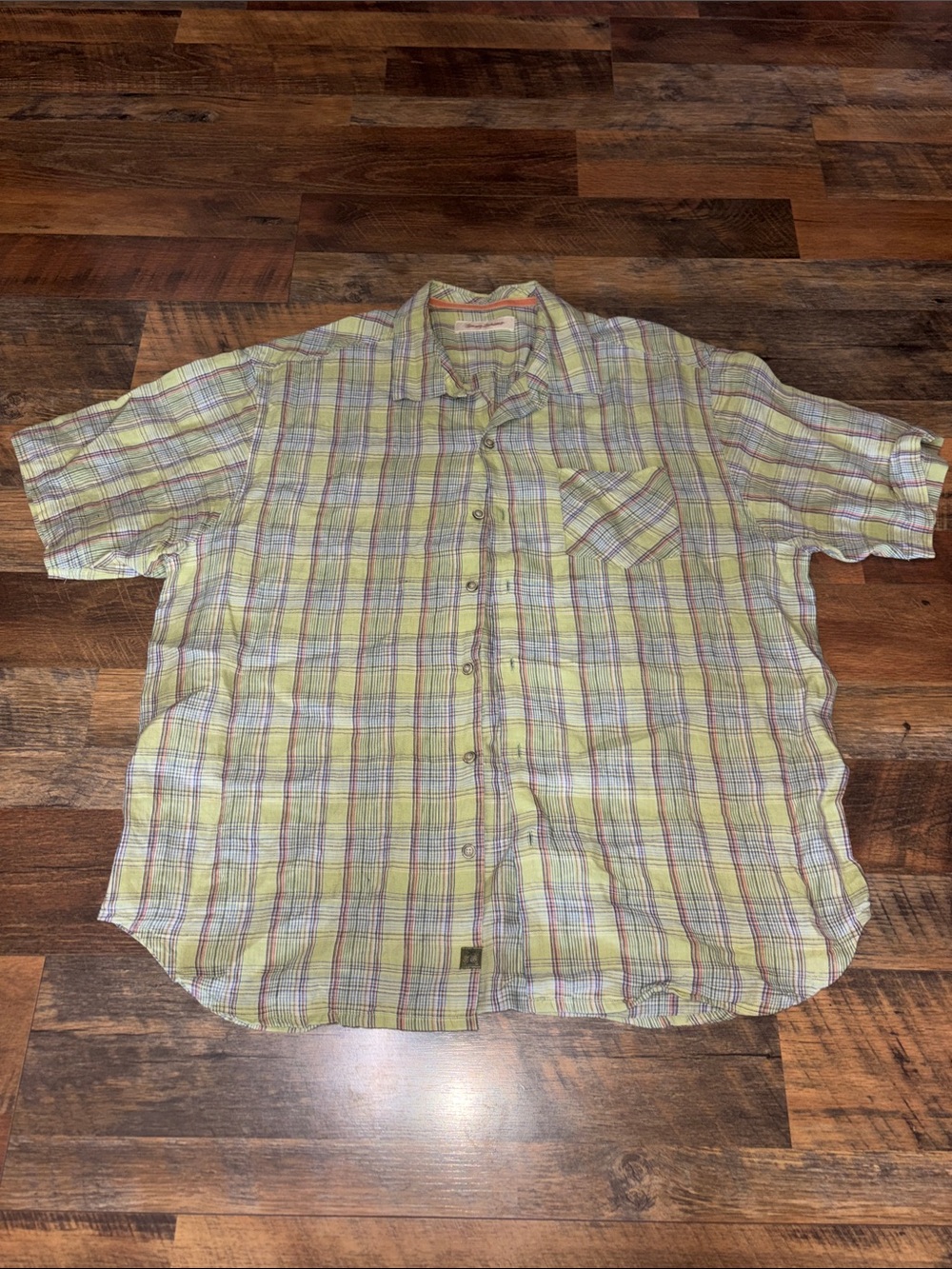 Tommy Bahama Short Sleeve Plaid Button-Down Shirt - Yellow, Green and Blue Linen